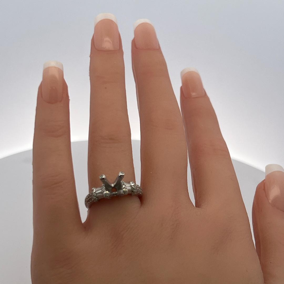 0.69ct Round Brilliant & Baguette Diamond Semi-Mount Ring in 14K White Gold