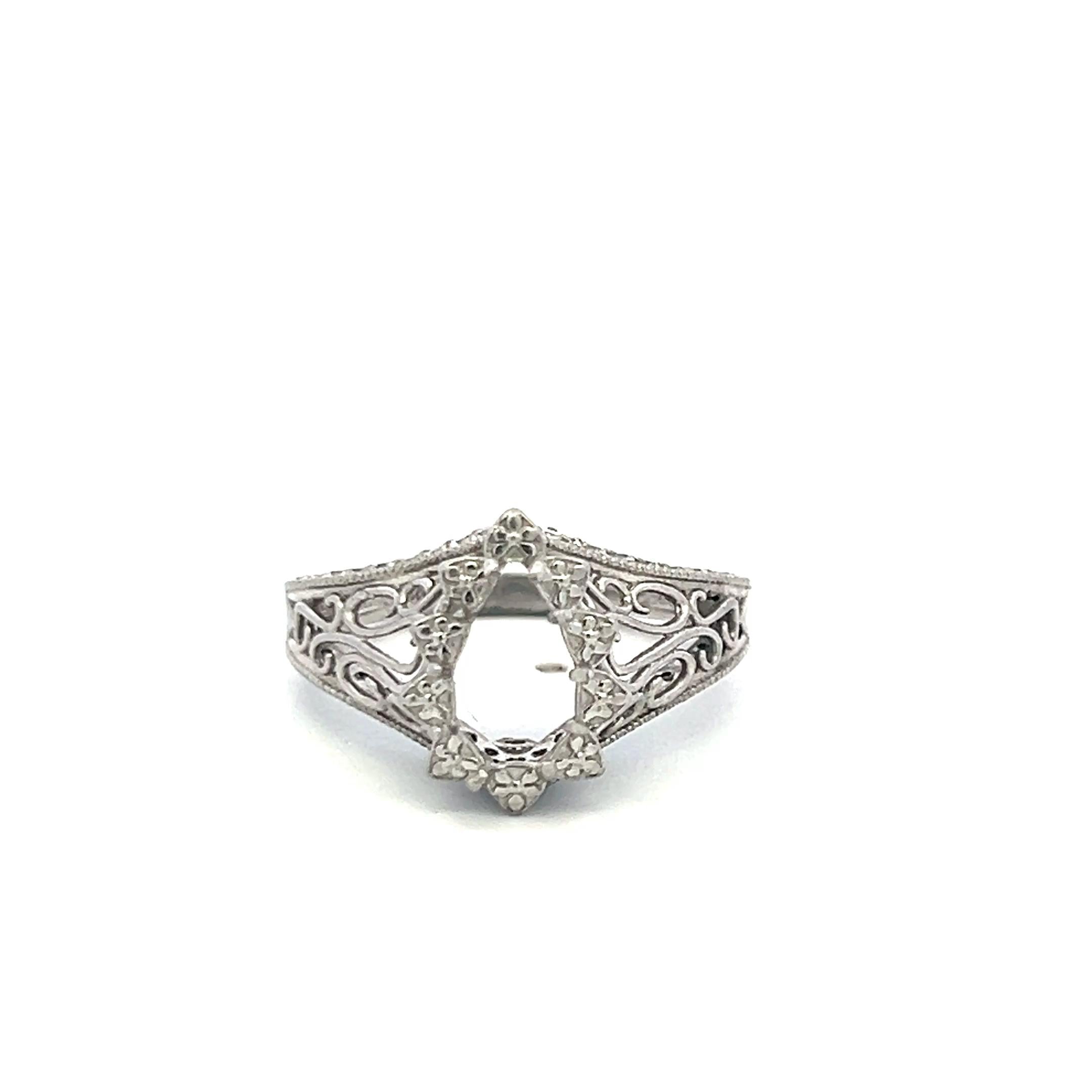 Vintage Platinum Filigree Semi-Mount Art Deco Ring – Holds 1.25ct+ Pear Shape