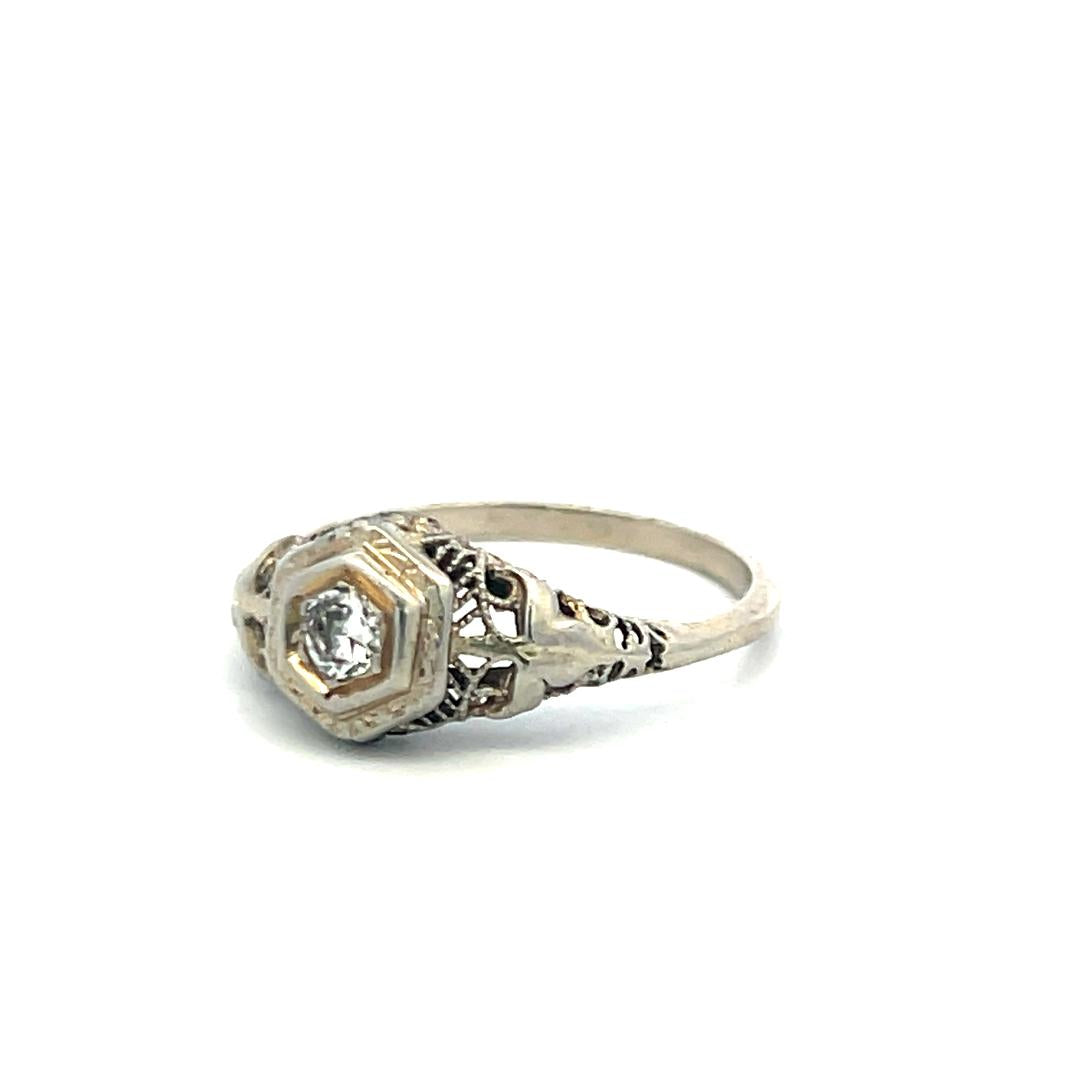0.15ct Old European Cut Diamond White Gold Art Deco Ring (F VS)
