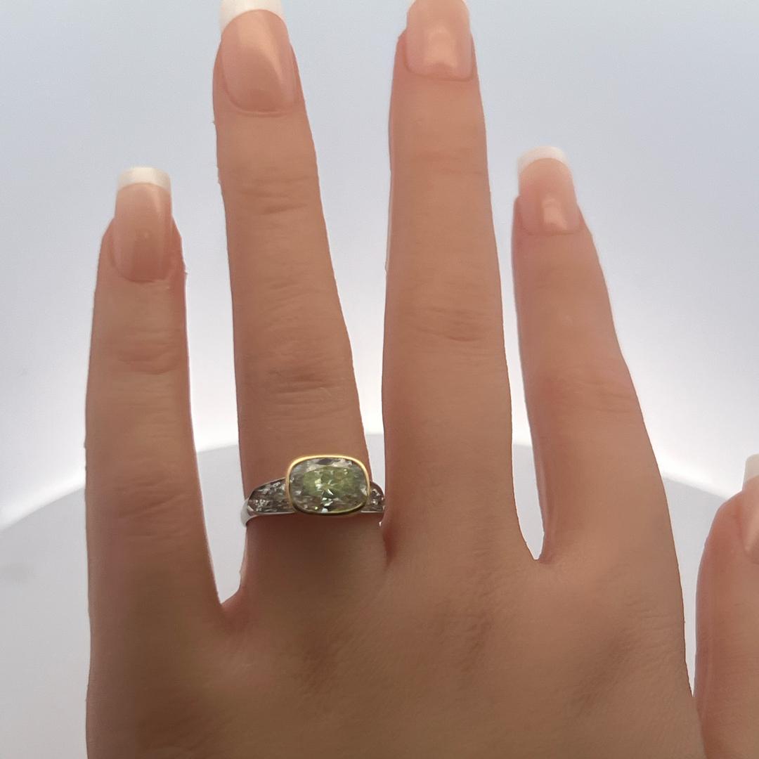 18K Two Tone Gold Engagement Ring 3.43ct Cushion & Old European Diamond K-I1 GIA