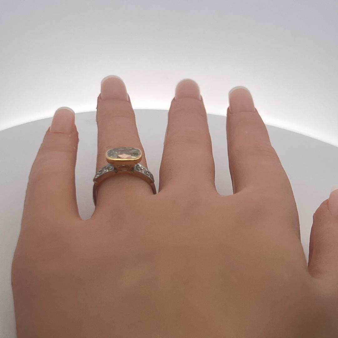 18K Two Tone Gold Engagement Ring 3.43ct Cushion & Old European Diamond K-I1 GIA
