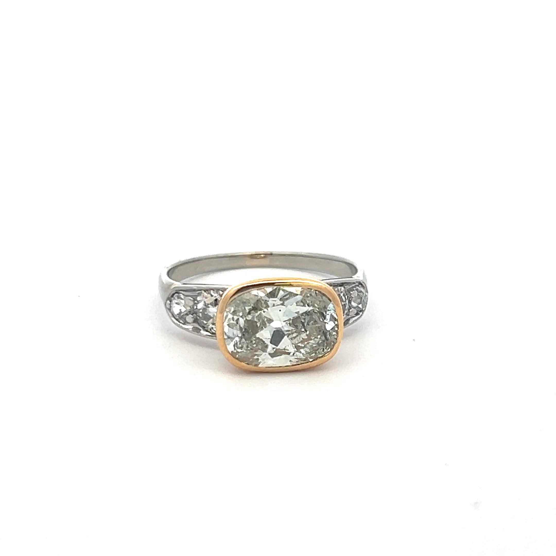 18K Two Tone Gold Engagement Ring 3.43ct Cushion & Old European Diamond K-I1 GIA