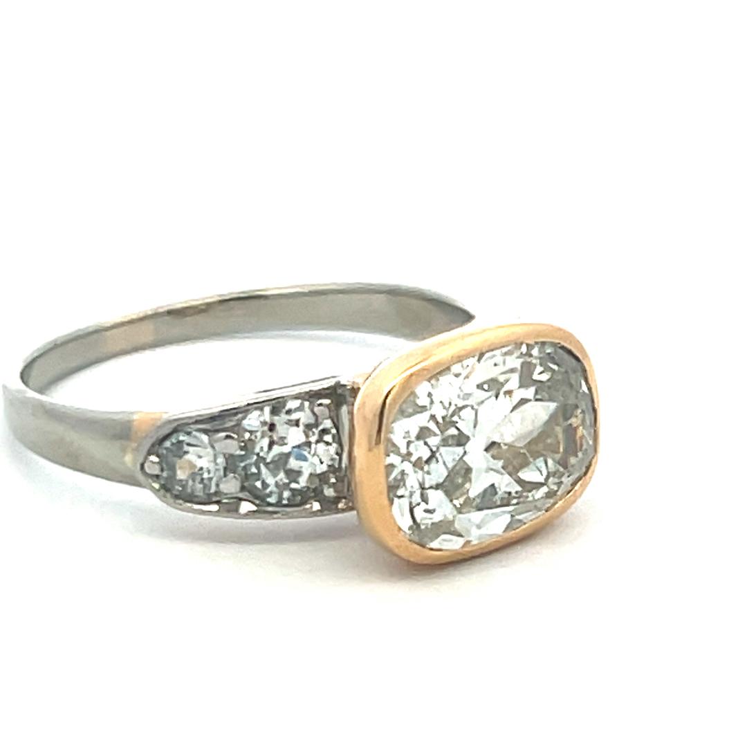 18K Two Tone Gold Engagement Ring 3.43ct Cushion & Old European Diamond K-I1 GIA