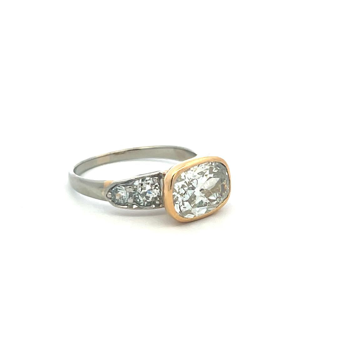 18K Two Tone Gold Engagement Ring 3.43ct Cushion & Old European Diamond K-I1 GIA
