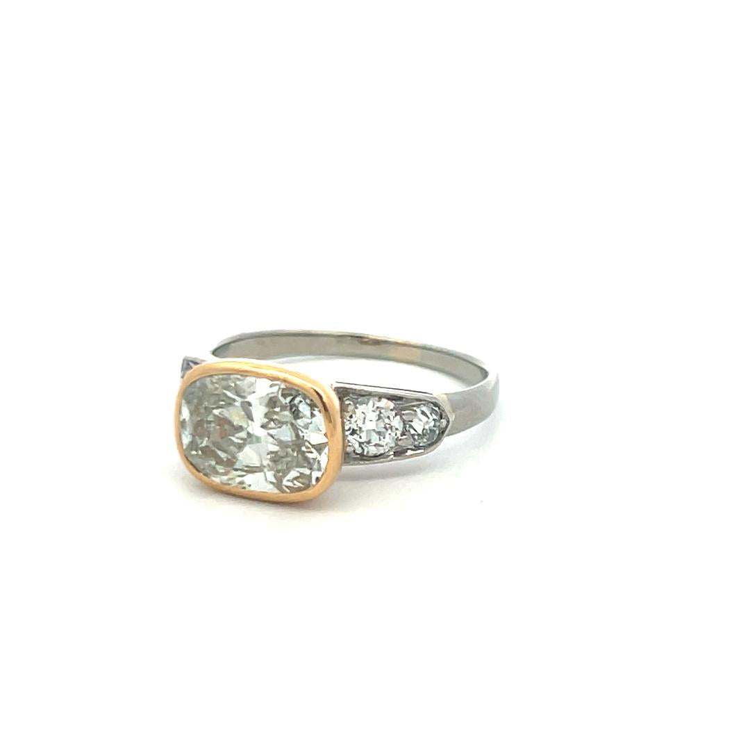 18K Two Tone Gold Engagement Ring 3.43ct Cushion & Old European Diamond K-I1 GIA