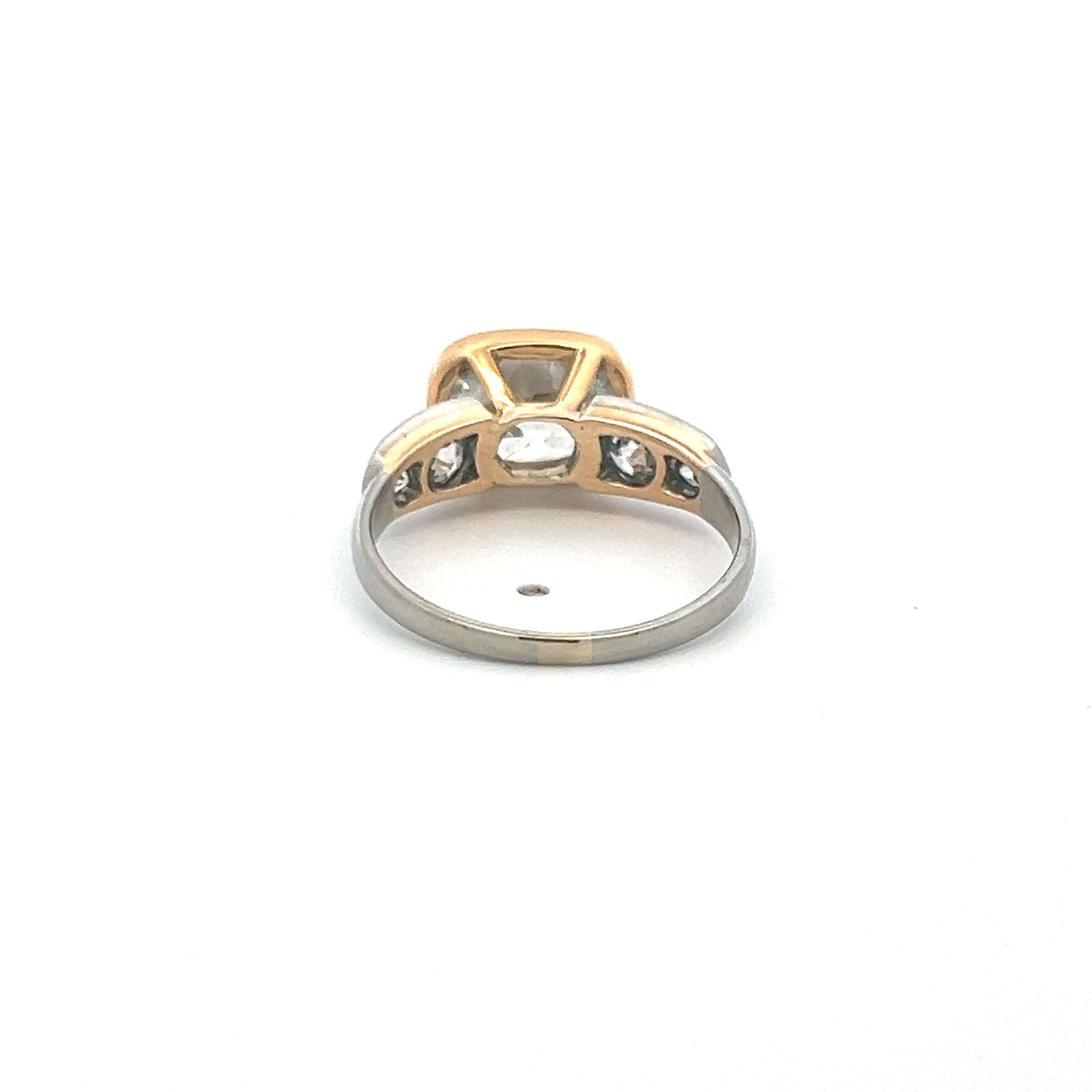 18K Two Tone Gold Engagement Ring 3.43ct Cushion & Old European Diamond K-I1 GIA