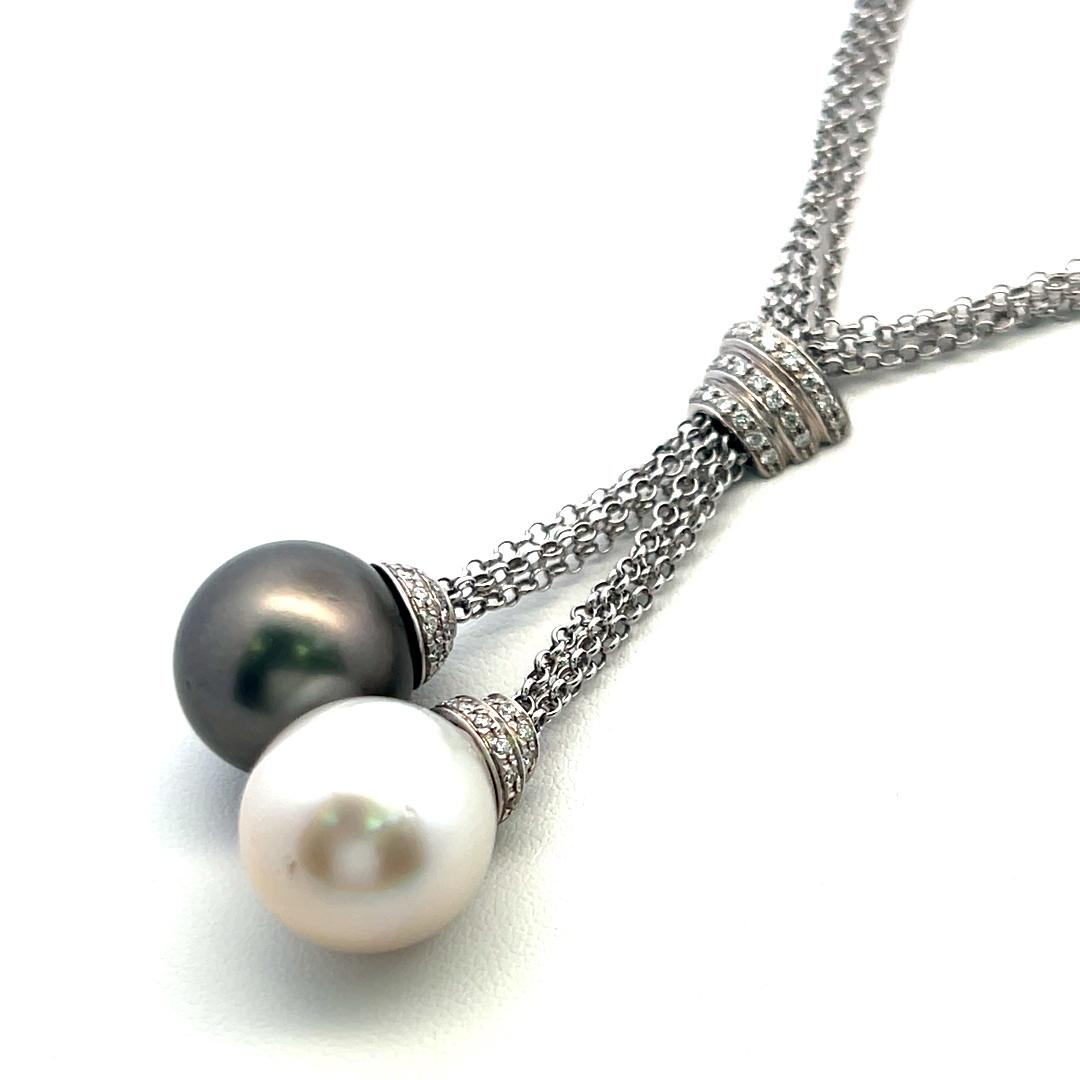 Tahitian & South Sea Pearl Diamond 18K White Gold Two Drop Pendant Necklace