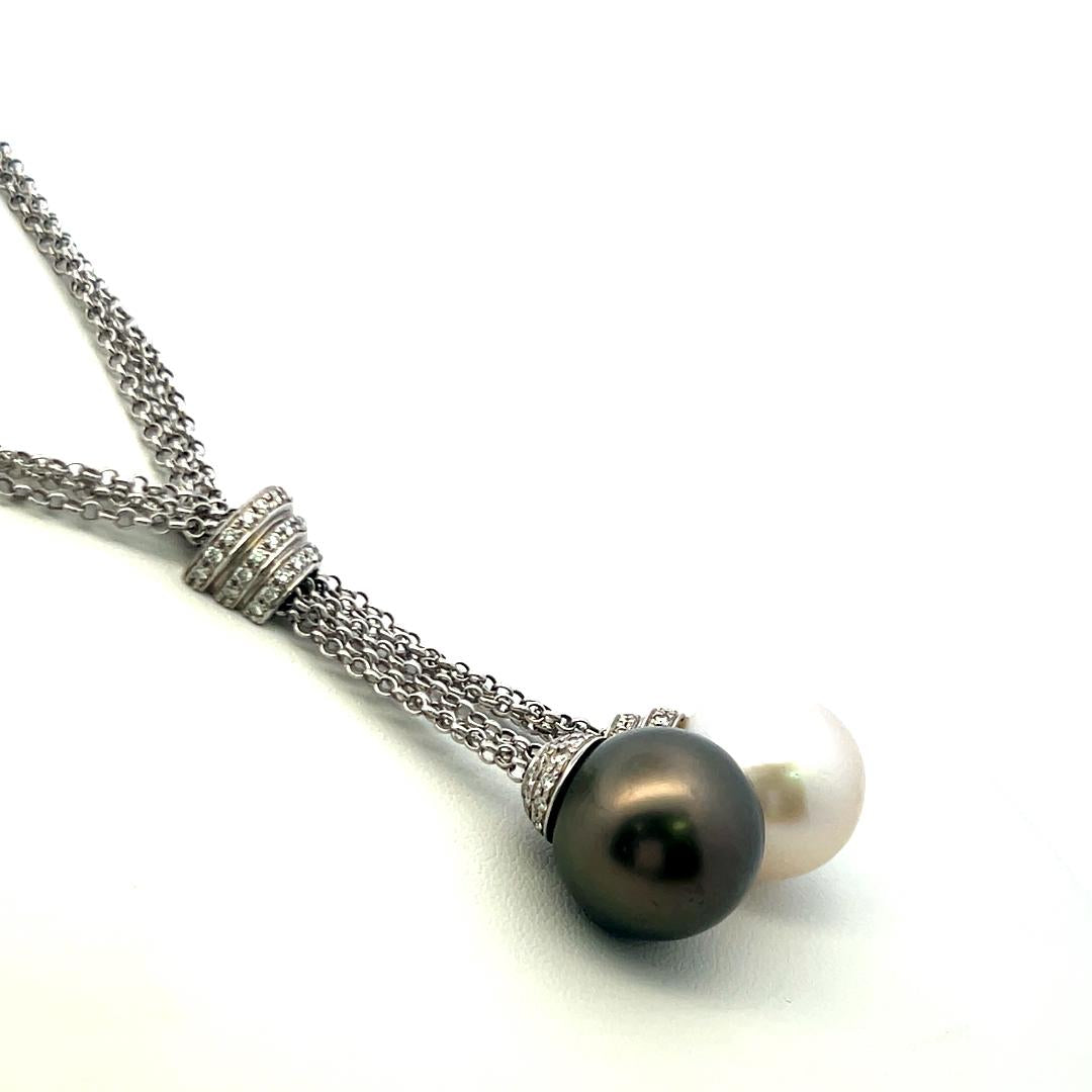 Tahitian & South Sea Pearl Diamond 18K White Gold Two Drop Pendant Necklace