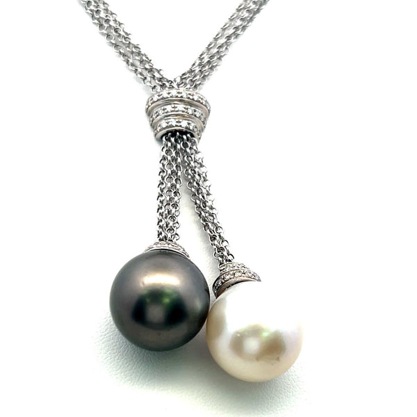 Tahitian & South Sea Pearl Diamond 18K White Gold Two Drop Pendant Necklace