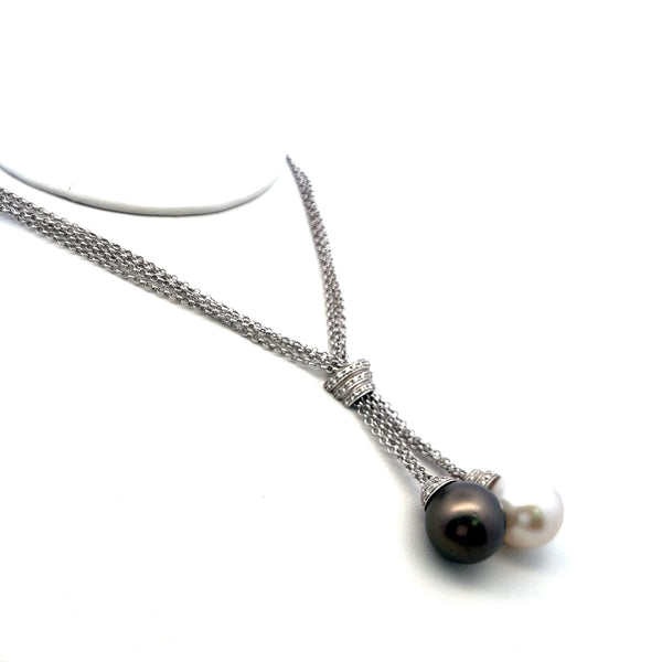 Tahitian & South Sea Pearl Diamond 18K White Gold Two Drop Pendant Necklace
