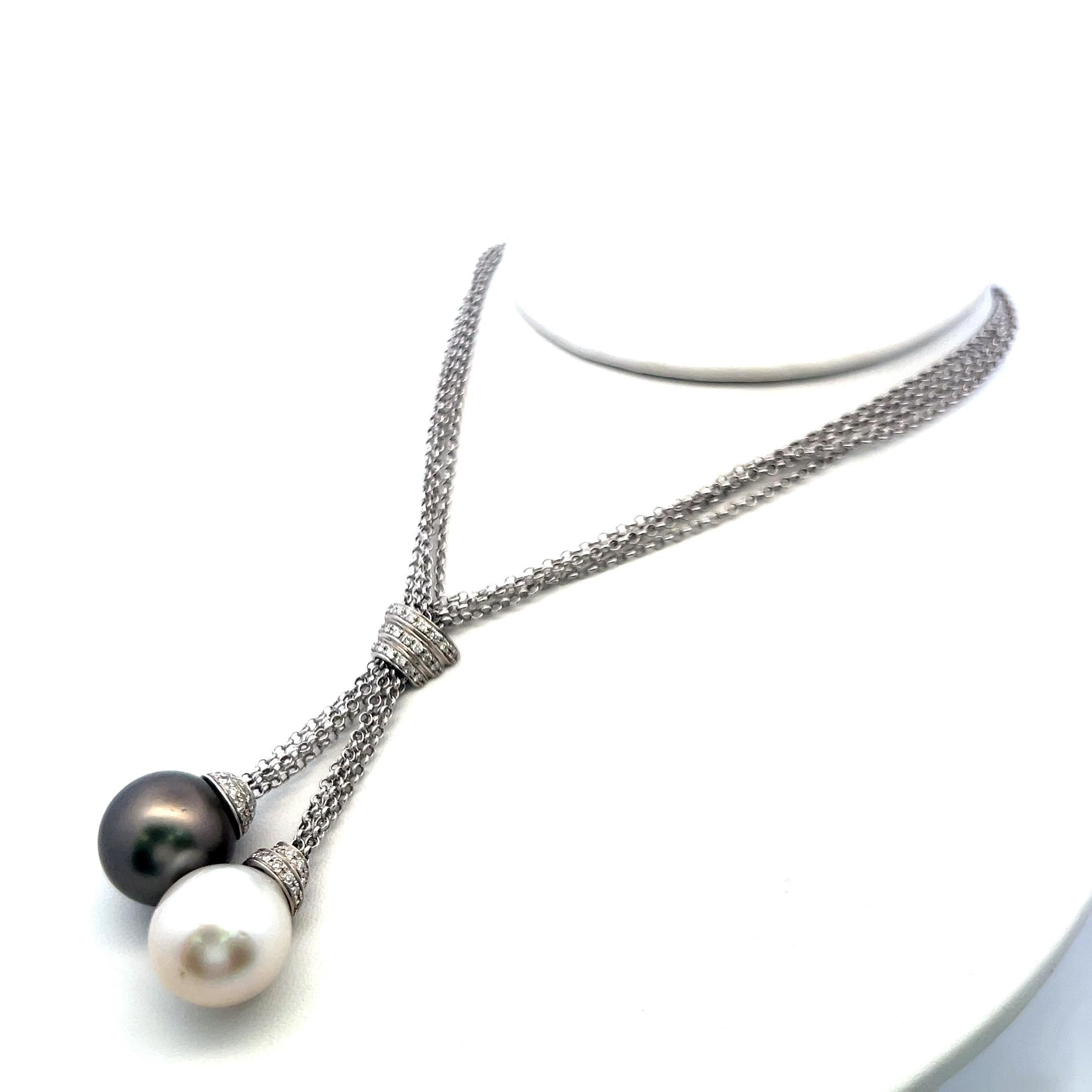 Tahitian & South Sea Pearl Diamond 18K White Gold Two Drop Pendant Necklace