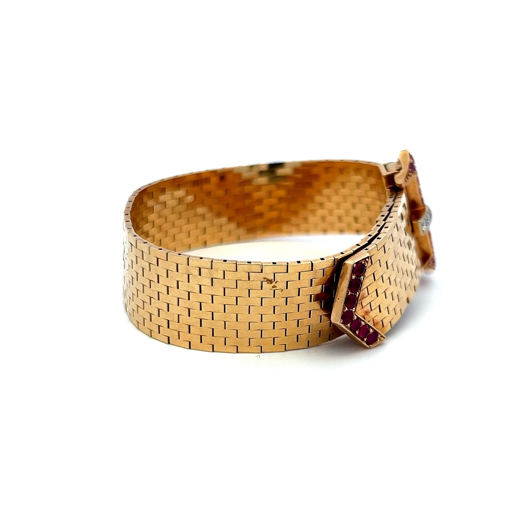 0.79ct Ruby & 0.09ct Round Brilliant Diamond Retro Bracelet in 14K Yellow Gold