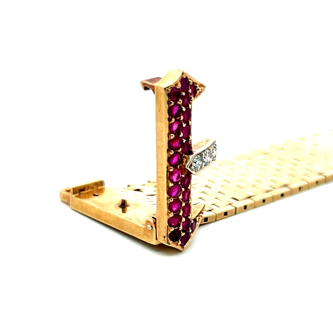 0.79ct Ruby & 0.09ct Round Brilliant Diamond Retro Bracelet in 14K Yellow Gold