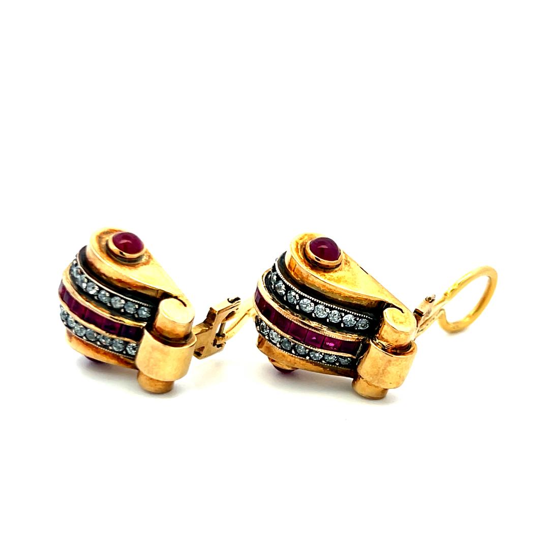 1.60ct Ruby & 0.36ct Round Brilliant Diamond Clip-On Earrings in 14K Gold (I VS)