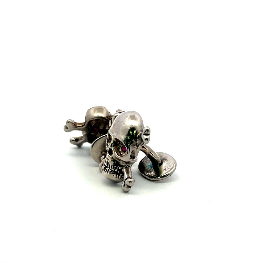 0.08ct Ruby Eye Skull 14K White Gold Vintage Crossbone Cufflinks
