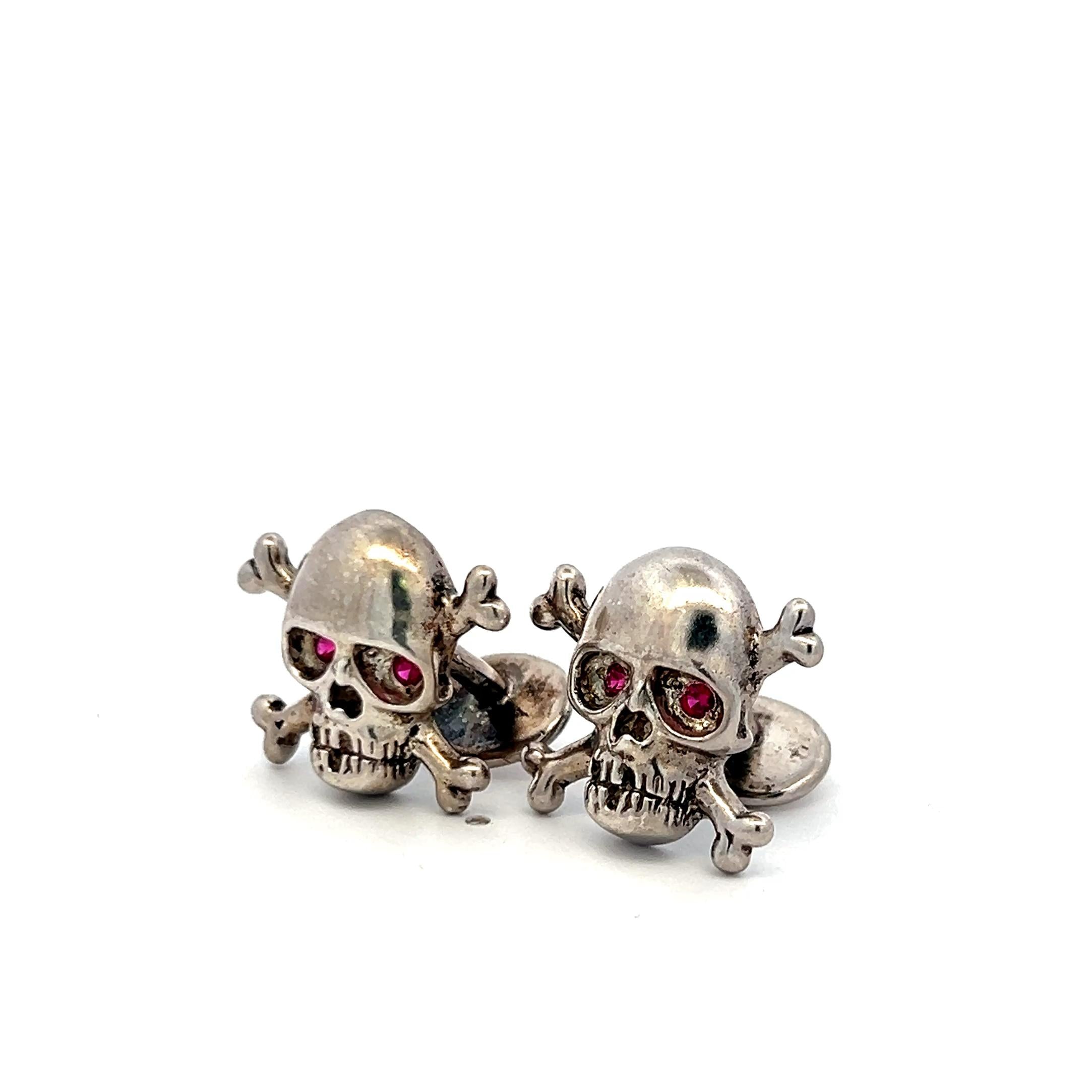 0.08ct Ruby Eye Skull 14K White Gold Vintage Crossbone Cufflinks