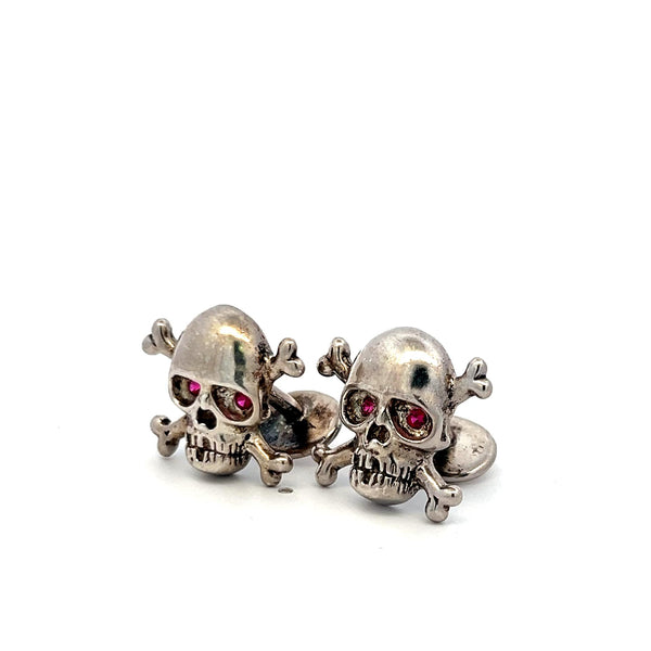 0.08ct Ruby Eye Skull 14K White Gold Vintage Crossbone Cufflinks