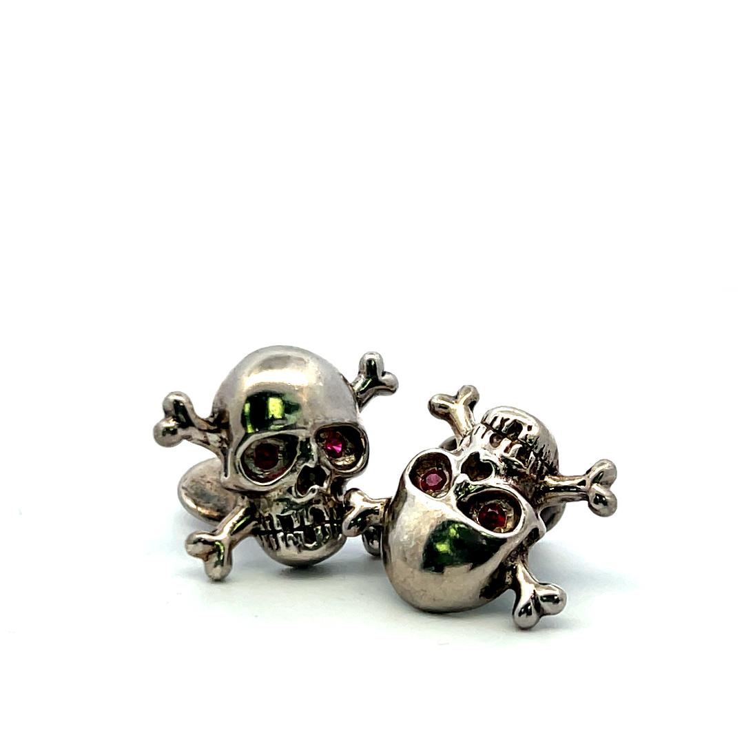 0.08ct Ruby Eye Skull 14K White Gold Vintage Crossbone Cufflinks