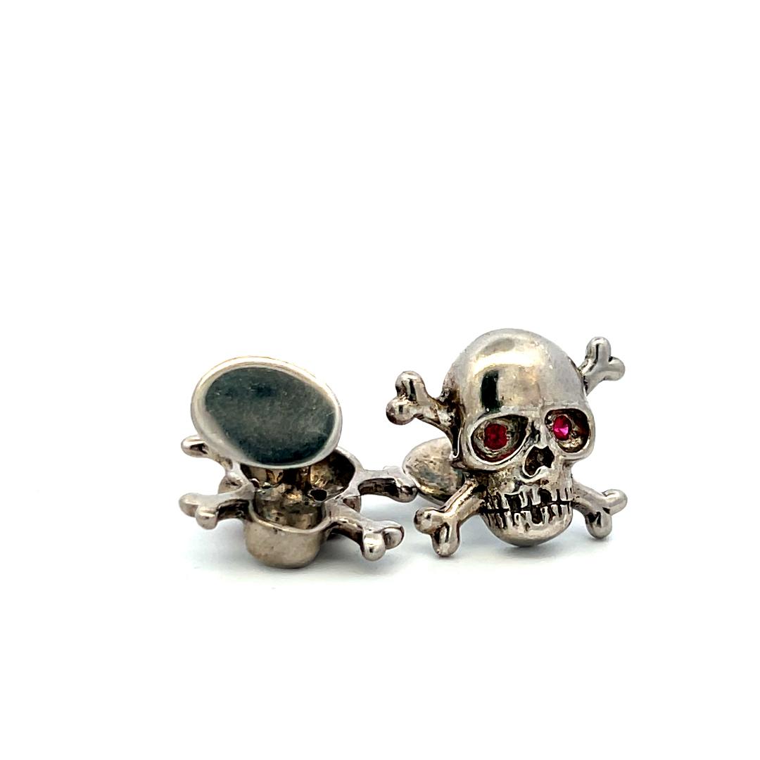 0.08ct Ruby Eye Skull 14K White Gold Vintage Crossbone Cufflinks