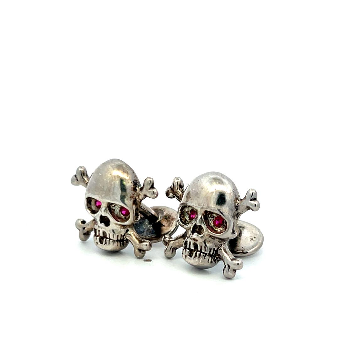 0.08ct Ruby Eye Skull 14K White Gold Vintage Crossbone Cufflinks