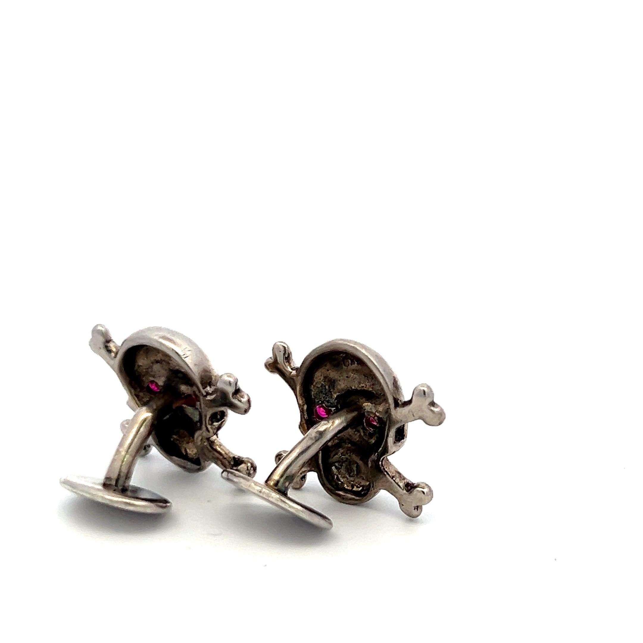 0.08ct Ruby Eye Skull 14K White Gold Vintage Crossbone Cufflinks