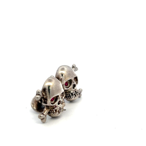 0.08ct Ruby Eye Skull 14K White Gold Vintage Crossbone Cufflinks