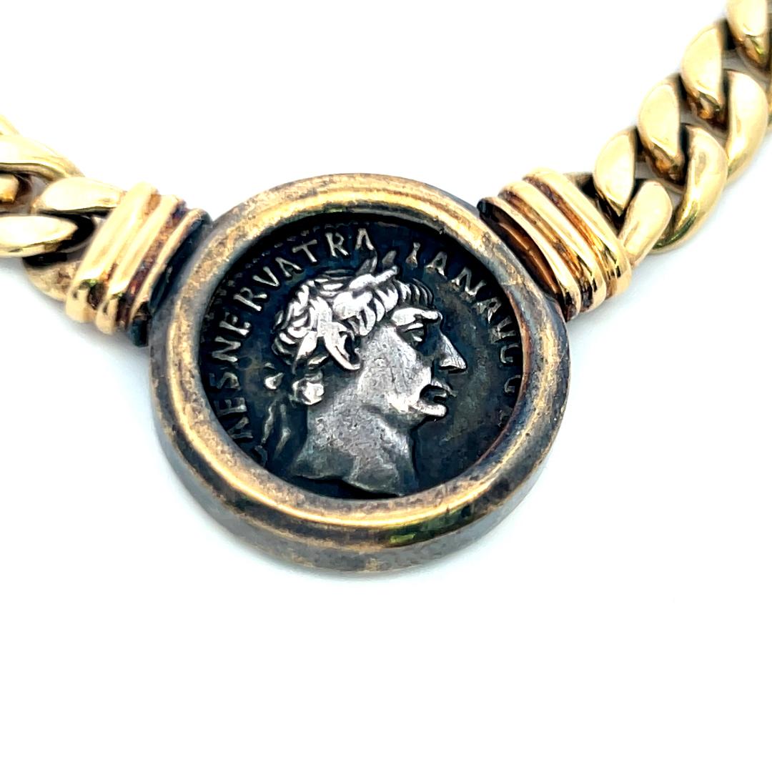 18K Yellow Gold Heavy Curb Link Necklace with Ancient Roman Coin Pendant