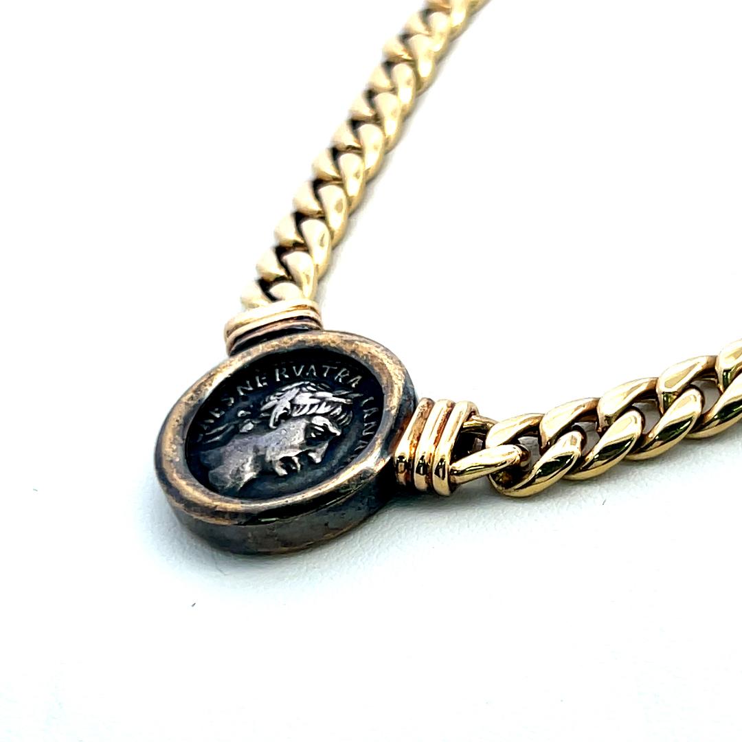 18K Yellow Gold Heavy Curb Link Necklace with Ancient Roman Coin Pendant