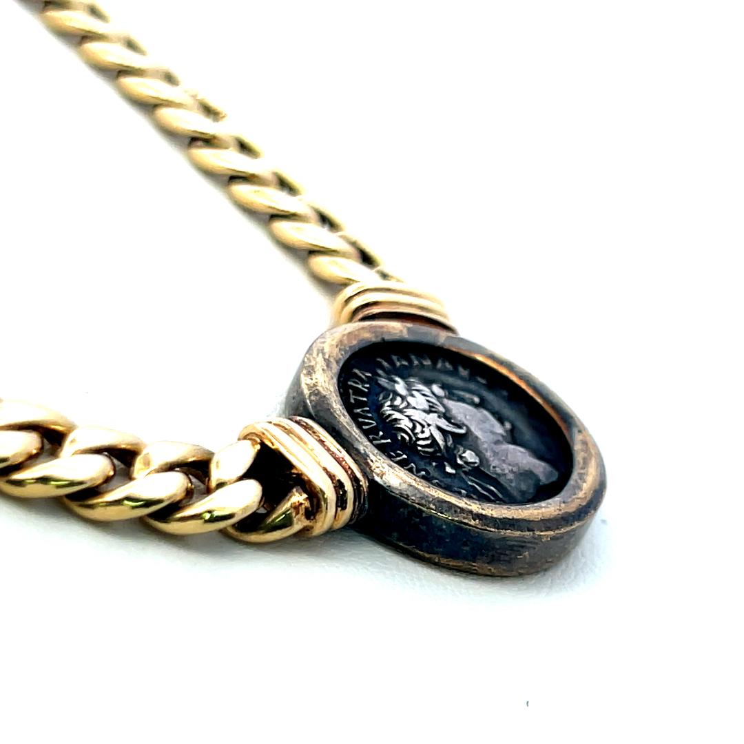 18K Yellow Gold Heavy Curb Link Necklace with Ancient Roman Coin Pendant