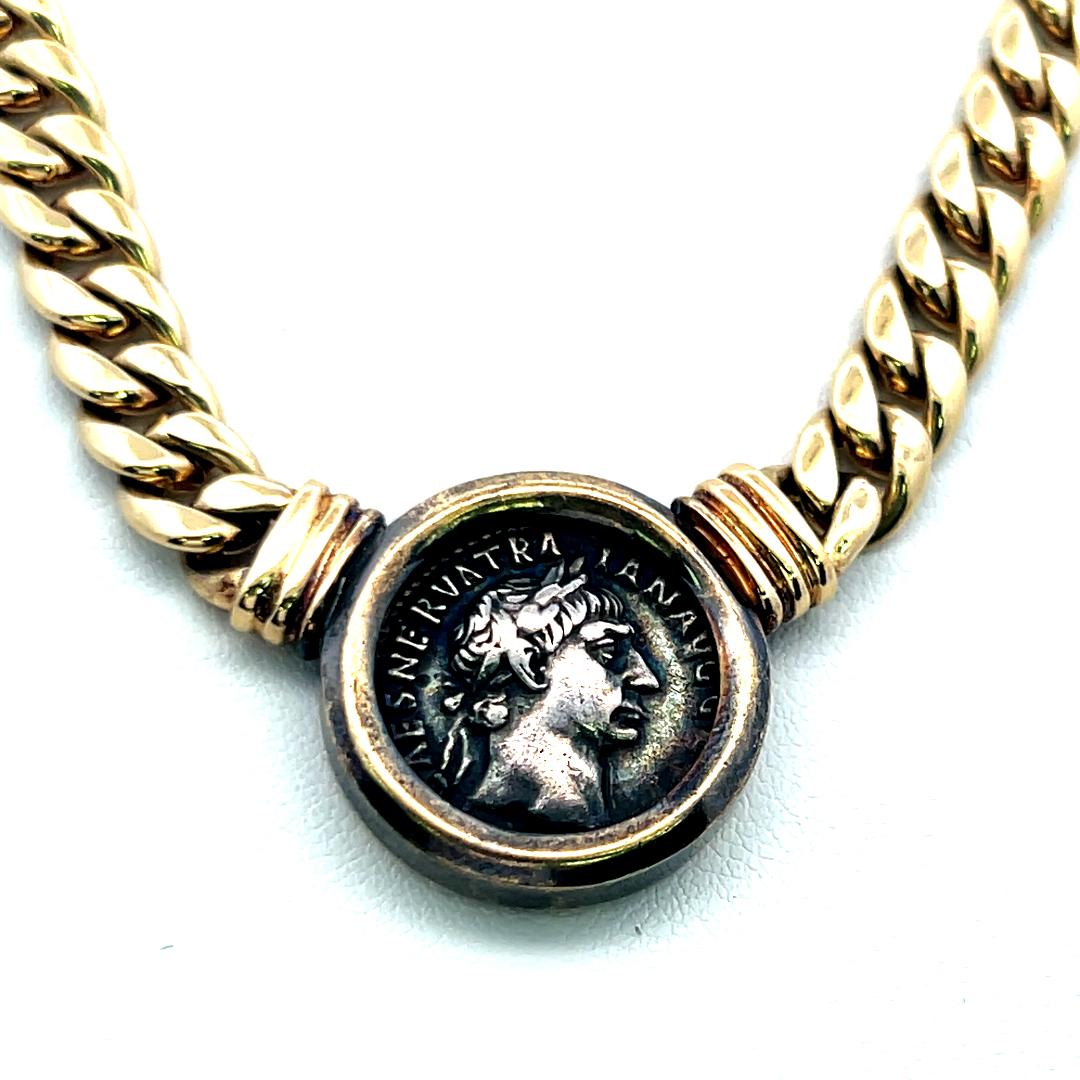 18K Yellow Gold Heavy Curb Link Necklace with Ancient Roman Coin Pendant