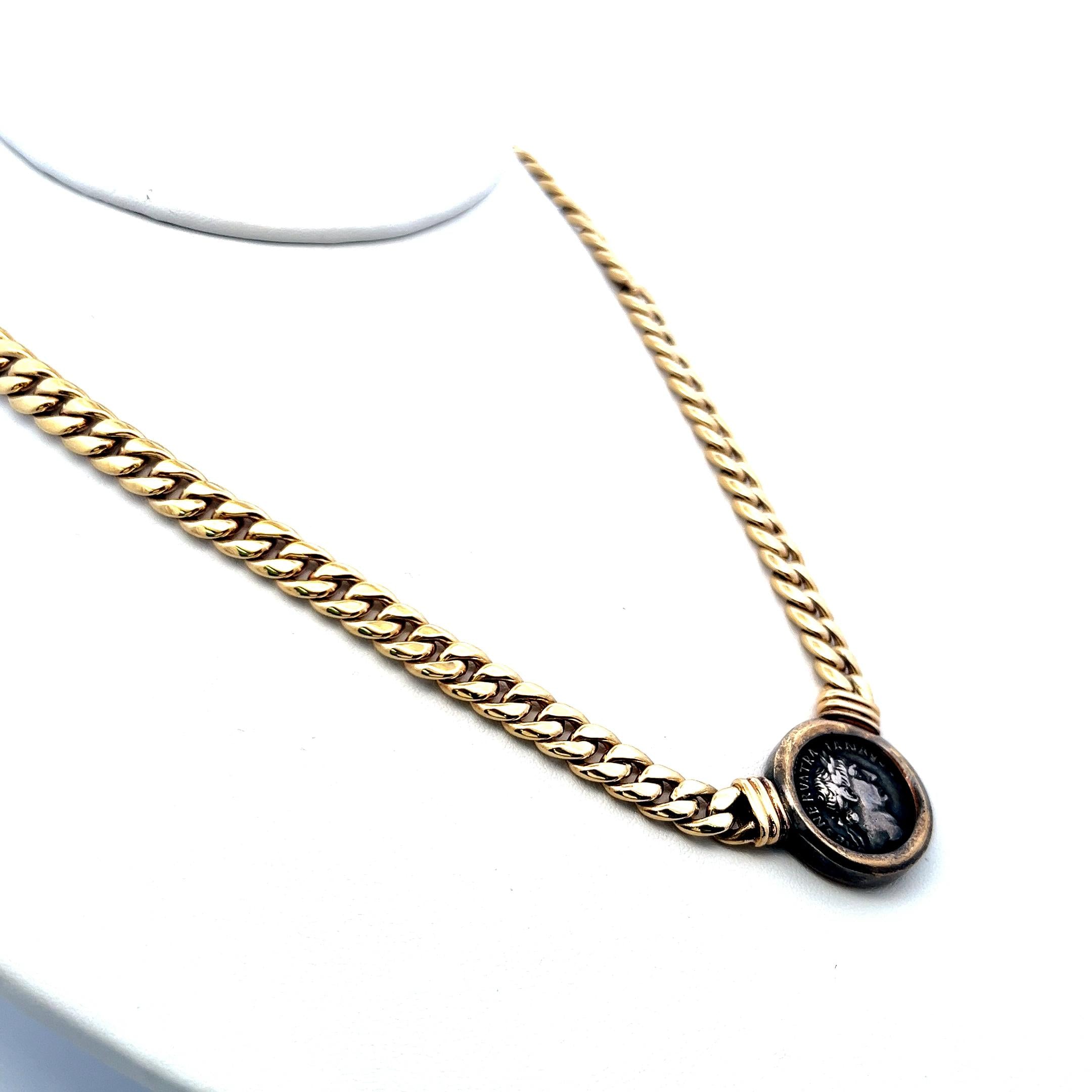 18K Yellow Gold Heavy Curb Link Necklace with Ancient Roman Coin Pendant