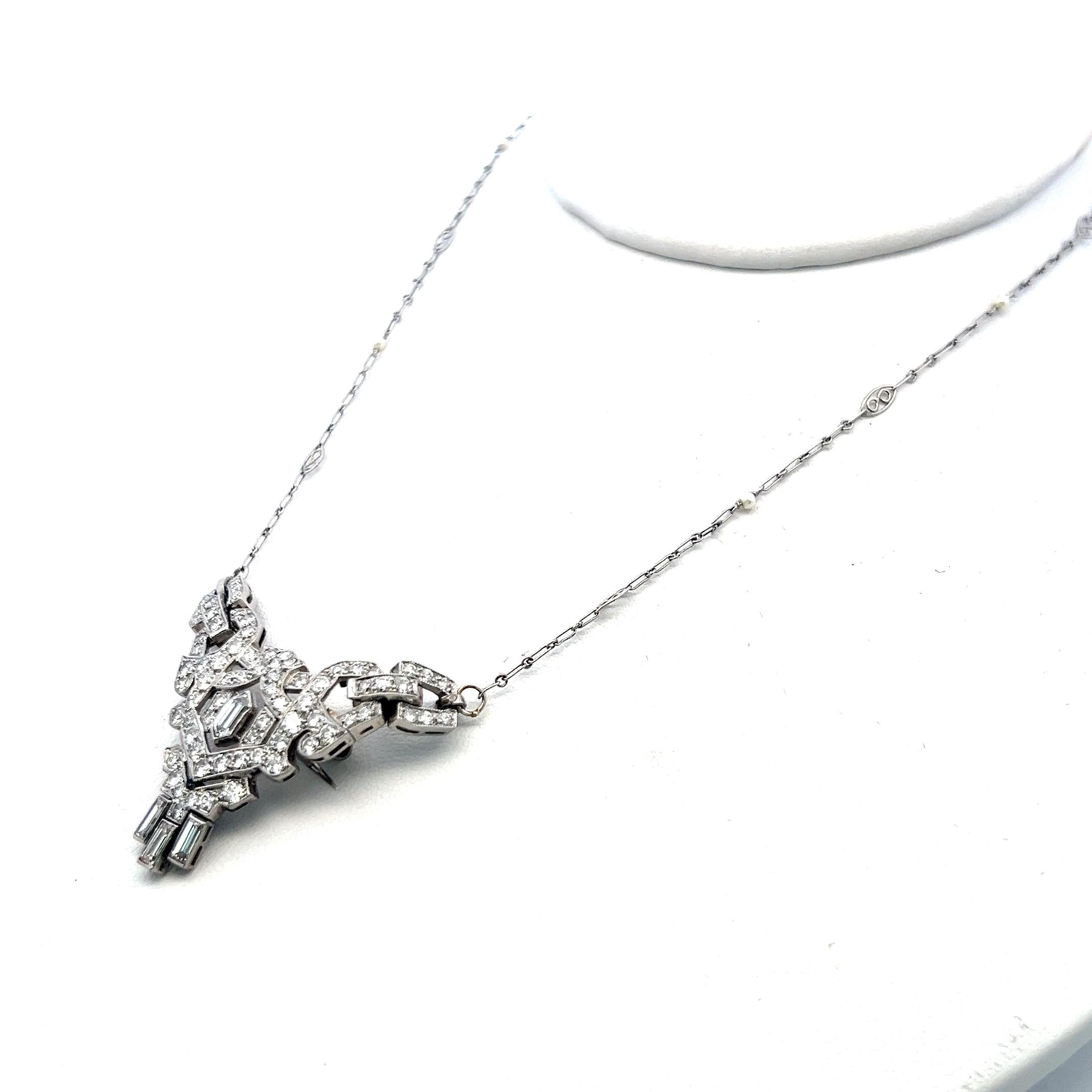 Platinum Pendant Necklace Pin Brooch 2.77ct Mixed Cut H VS Diamonds & Pearls