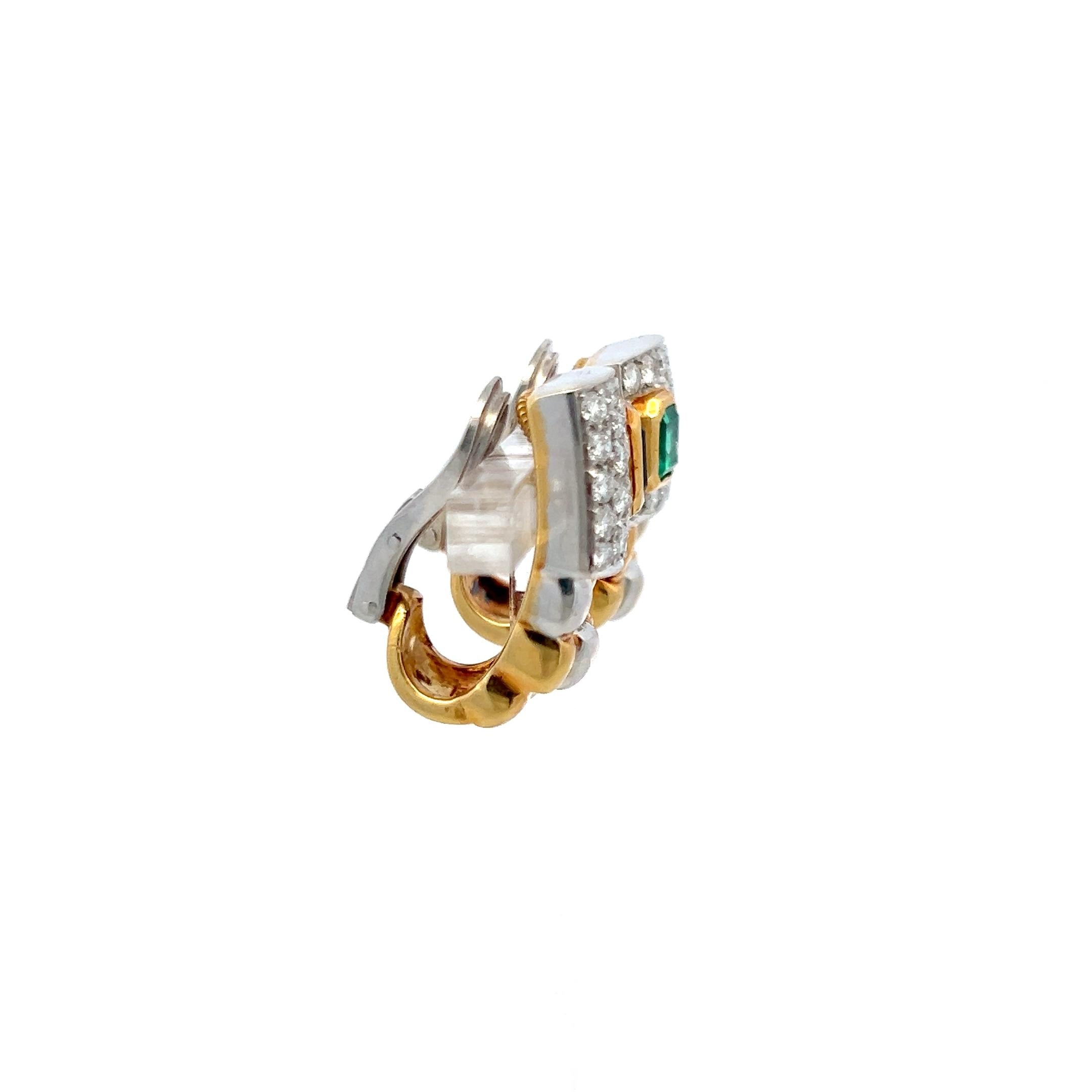 18K Two-Tone Gold Clip-On Earrings with 1.15 Carat Diamonds & 0.9 Carat Emerald