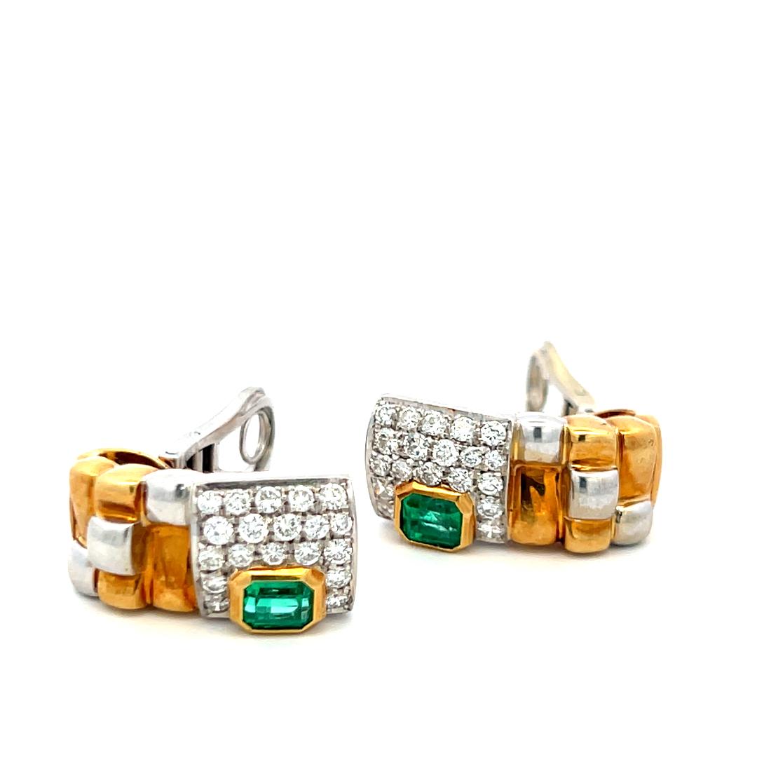 18K Two-Tone Gold Clip-On Earrings with 1.15 Carat Diamonds & 0.9 Carat Emerald
