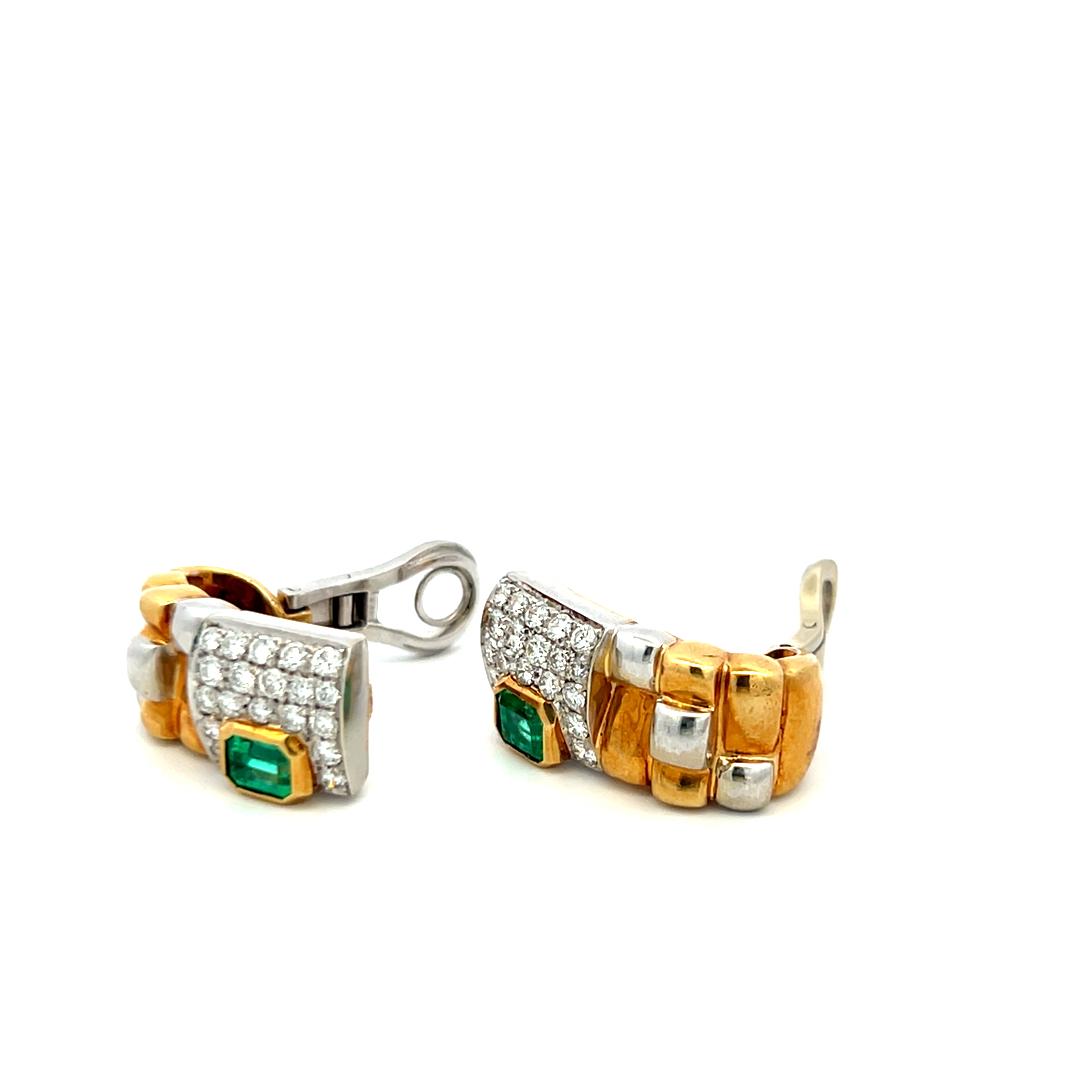 18K Two-Tone Gold Clip-On Earrings with 1.15 Carat Diamonds & 0.9 Carat Emerald
