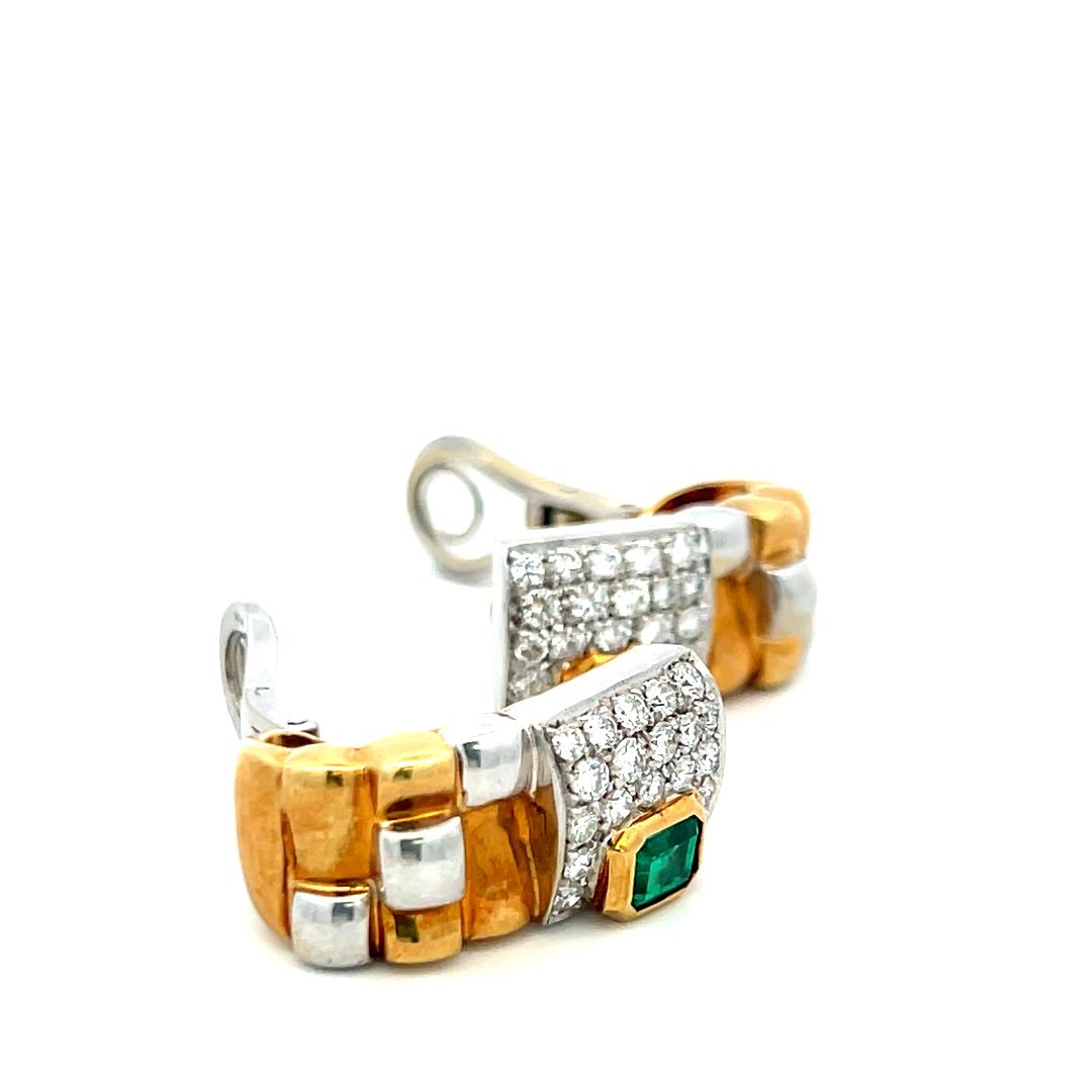 18K Two-Tone Gold Clip-On Earrings with 1.15 Carat Diamonds & 0.9 Carat Emerald