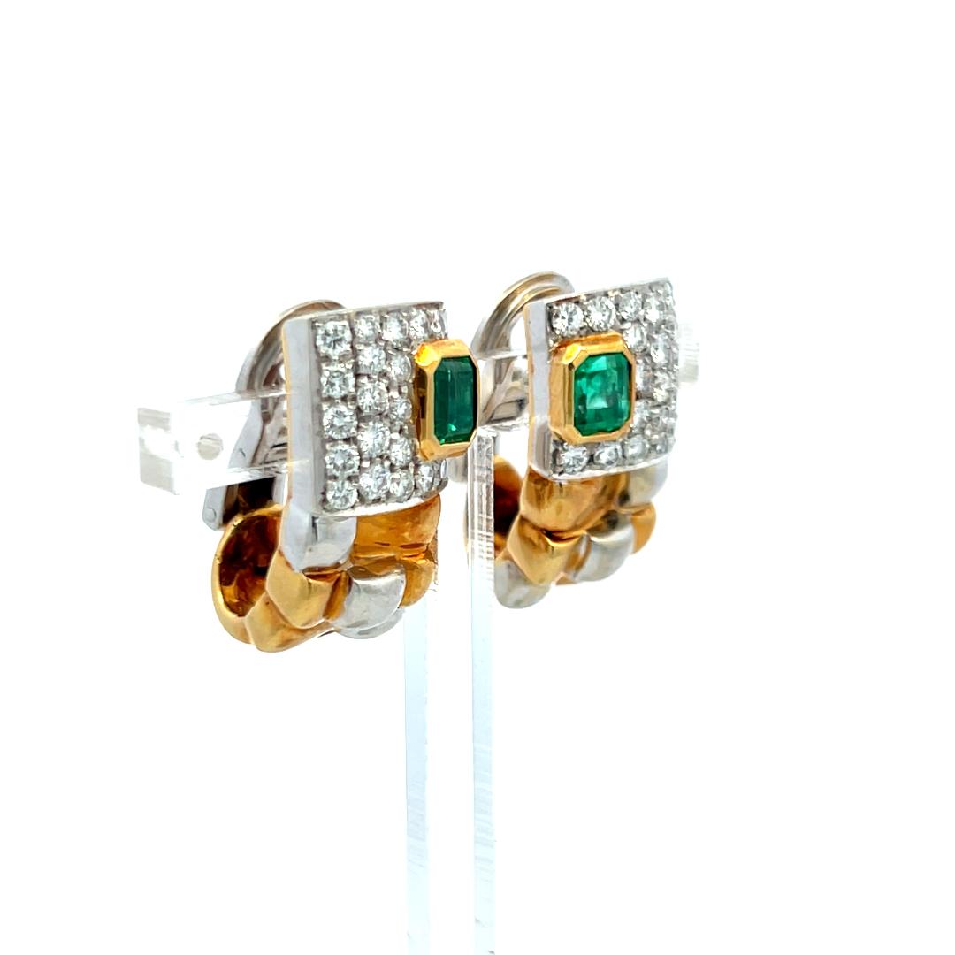 18K Two-Tone Gold Clip-On Earrings with 1.15 Carat Diamonds & 0.9 Carat Emerald