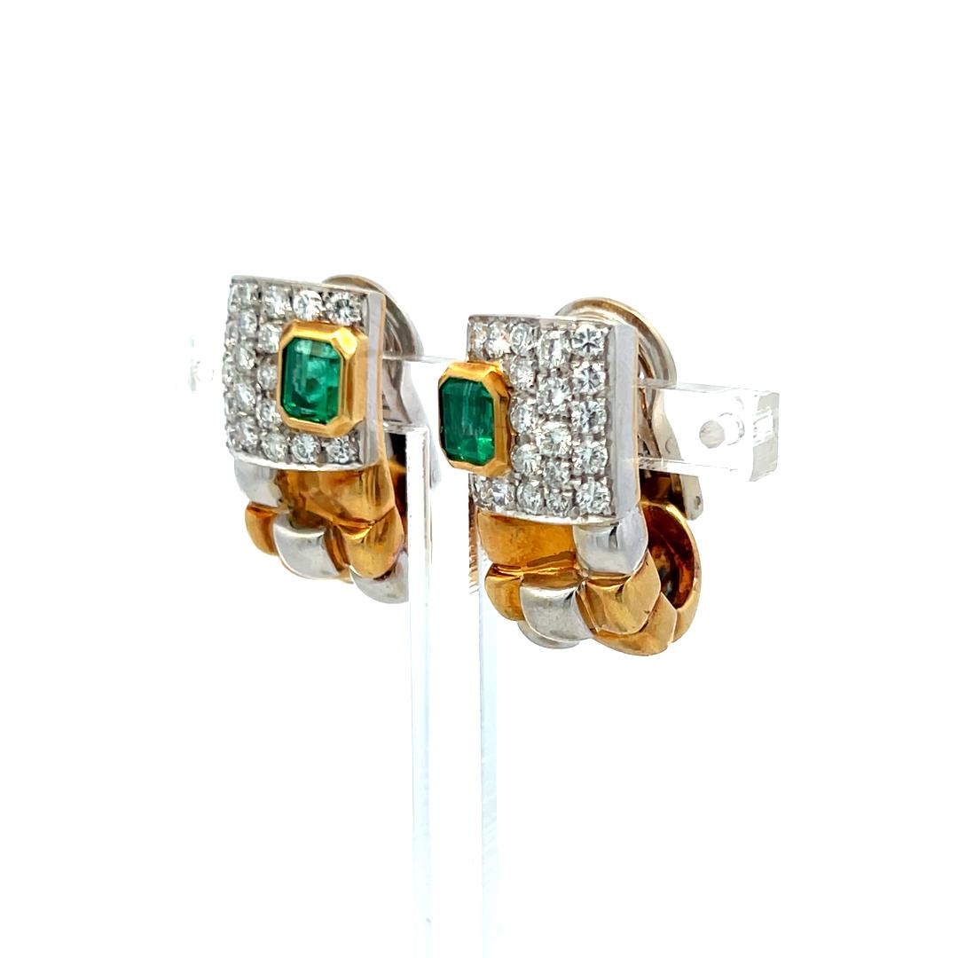 18K Two-Tone Gold Clip-On Earrings with 1.15 Carat Diamonds & 0.9 Carat Emerald