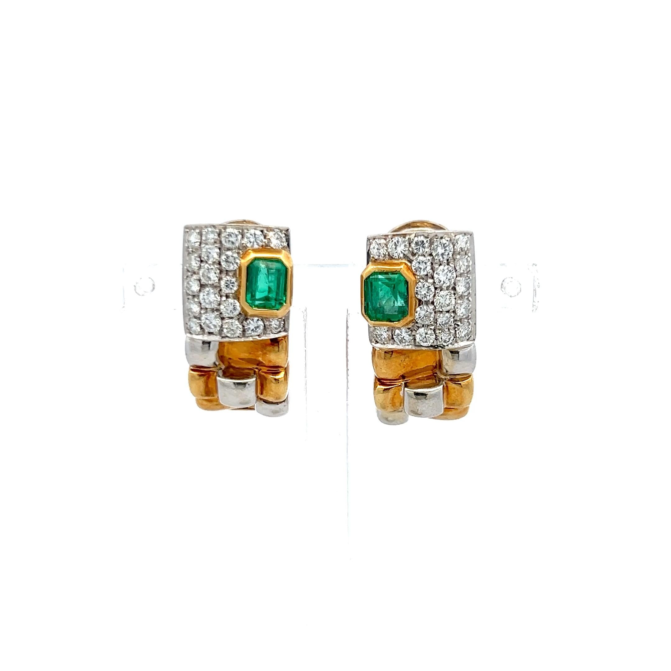 18K Two-Tone Gold Clip-On Earrings with 1.15 Carat Diamonds & 0.9 Carat Emerald