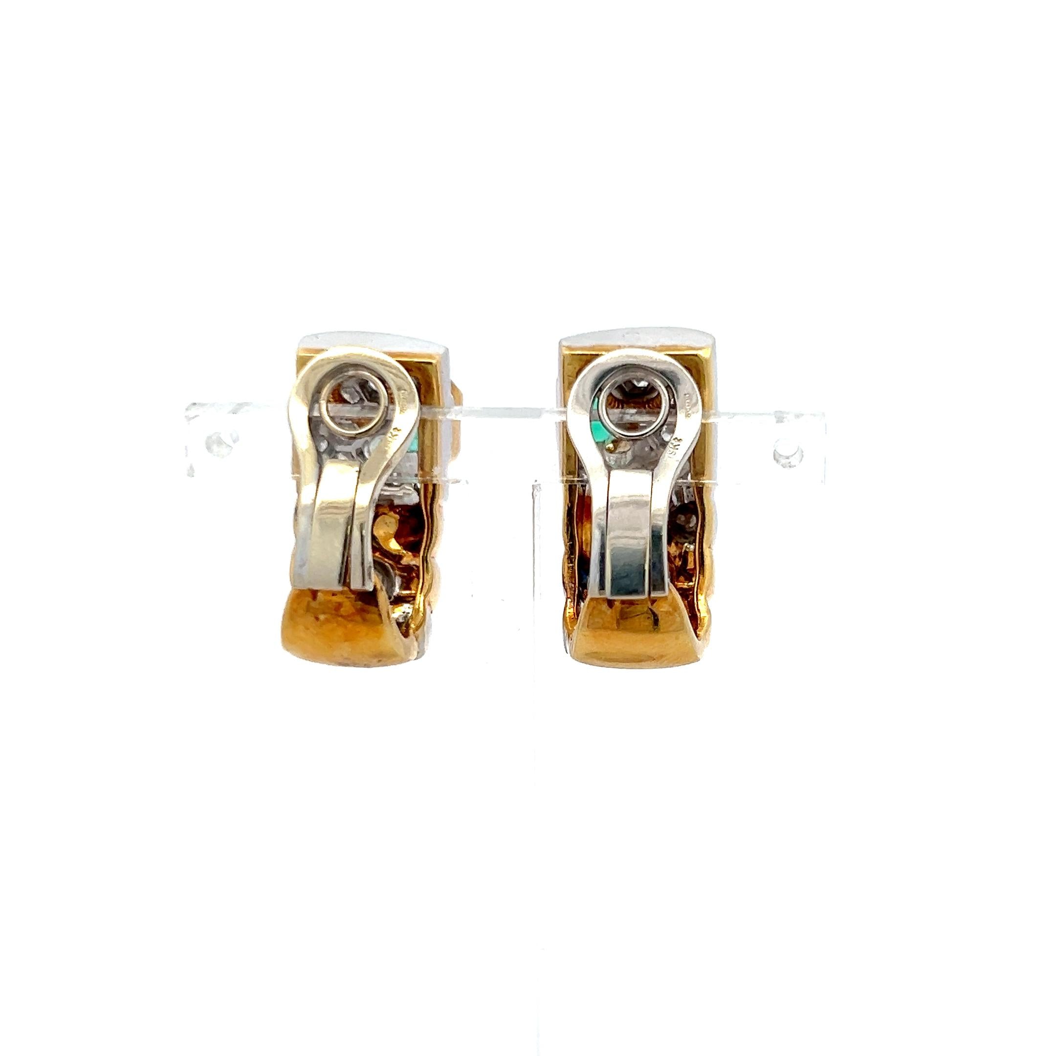 18K Two-Tone Gold Clip-On Earrings with 1.15 Carat Diamonds & 0.9 Carat Emerald