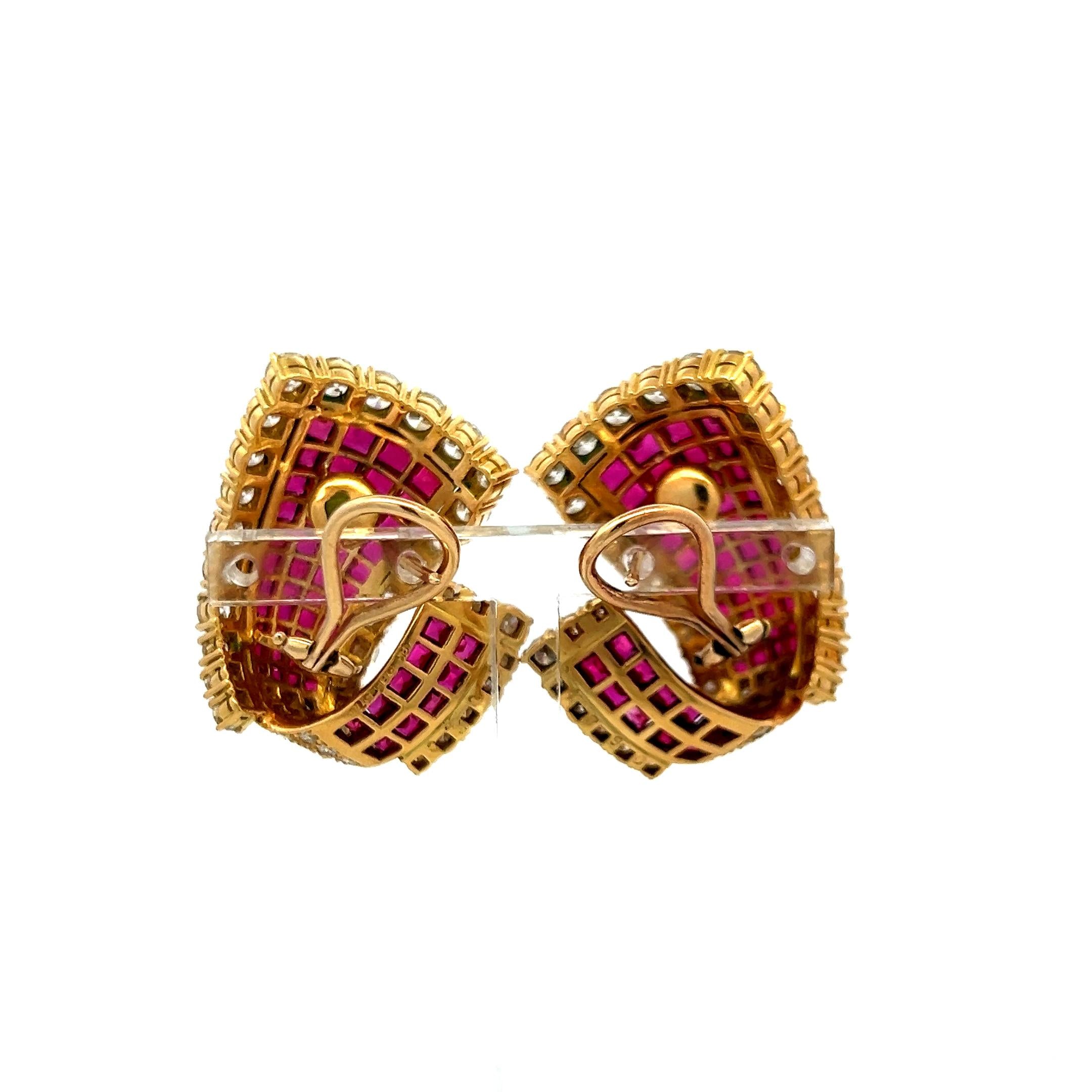 18K Yellow Gold 6.85ct Diamond & 5.78ct Ruby Princess Cut Clip-On Earrings
