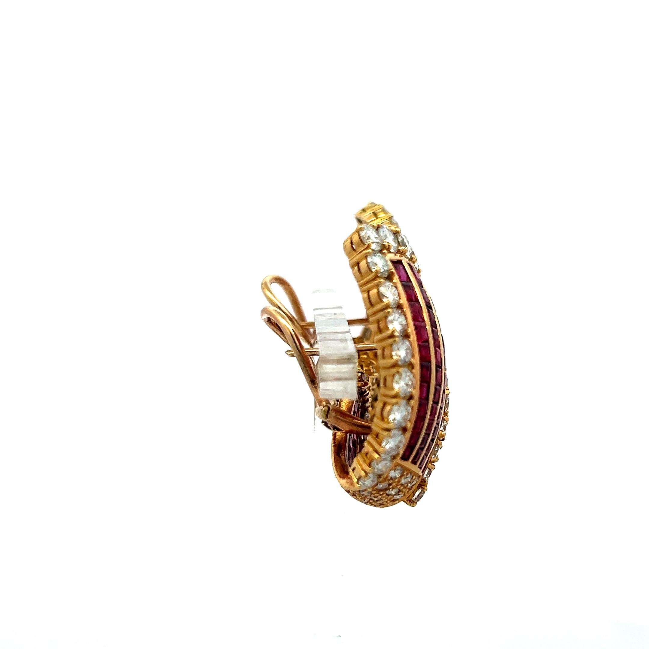 Vintage 18K Yellow Gold Clip-On Earrings with 6.85ct Round Diamond & 5.78ct Ruby