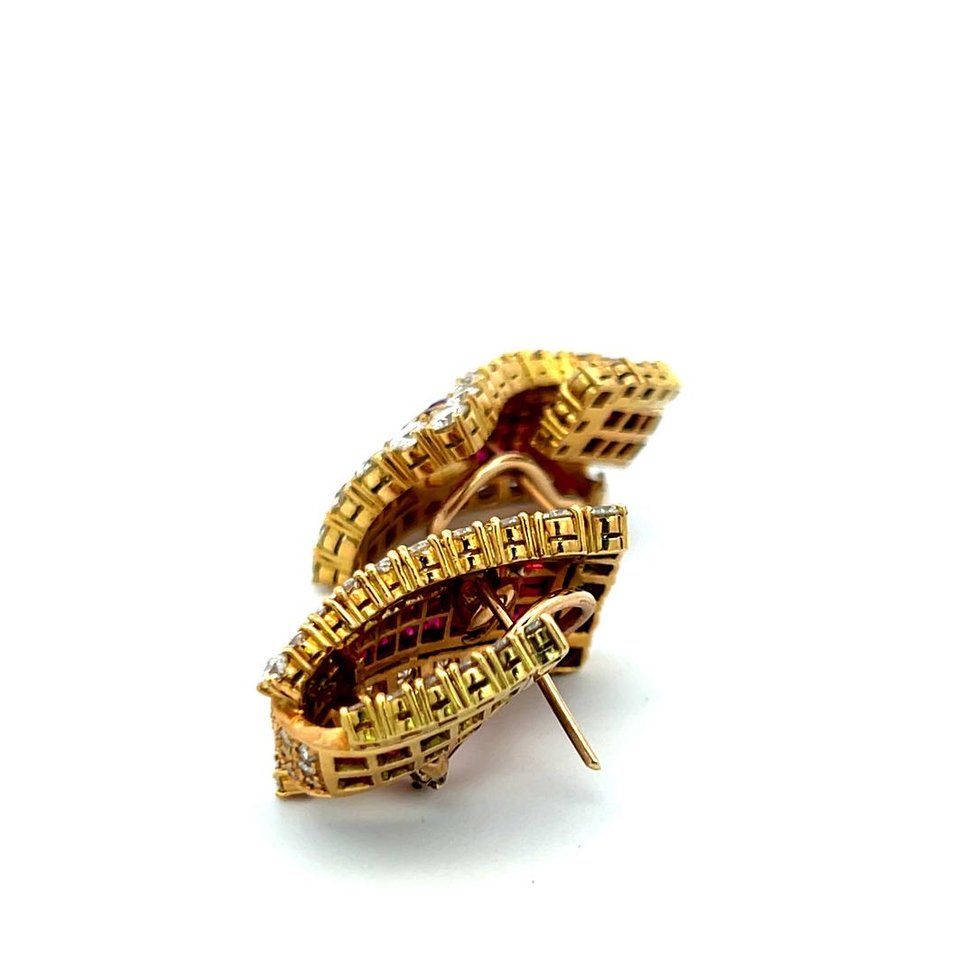 18K Yellow Gold 6.85ct Diamond & 5.78ct Ruby Princess Cut Clip-On Earrings