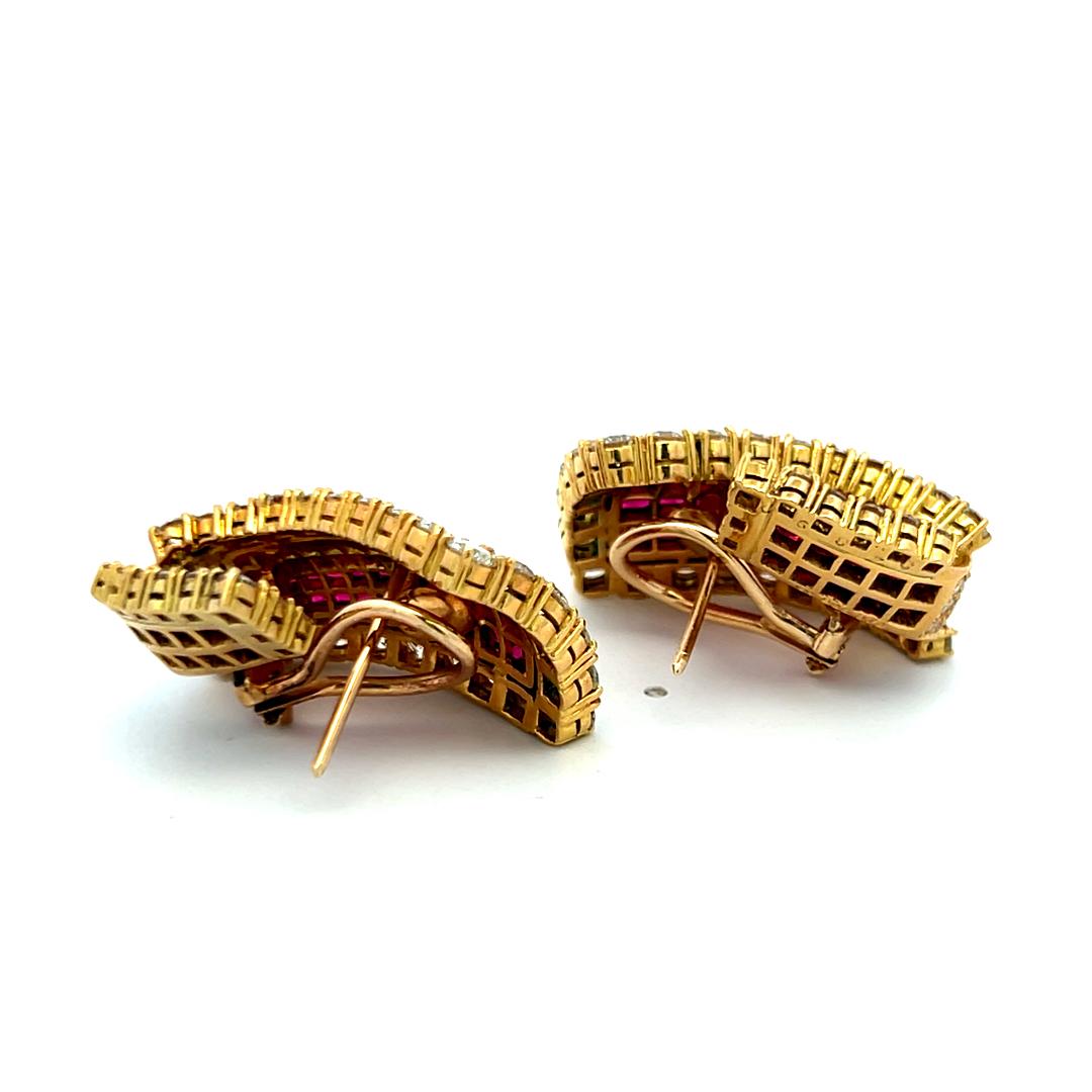 Vintage 18K Yellow Gold Clip-On Earrings with 6.85ct Round Diamond & 5.78ct Ruby