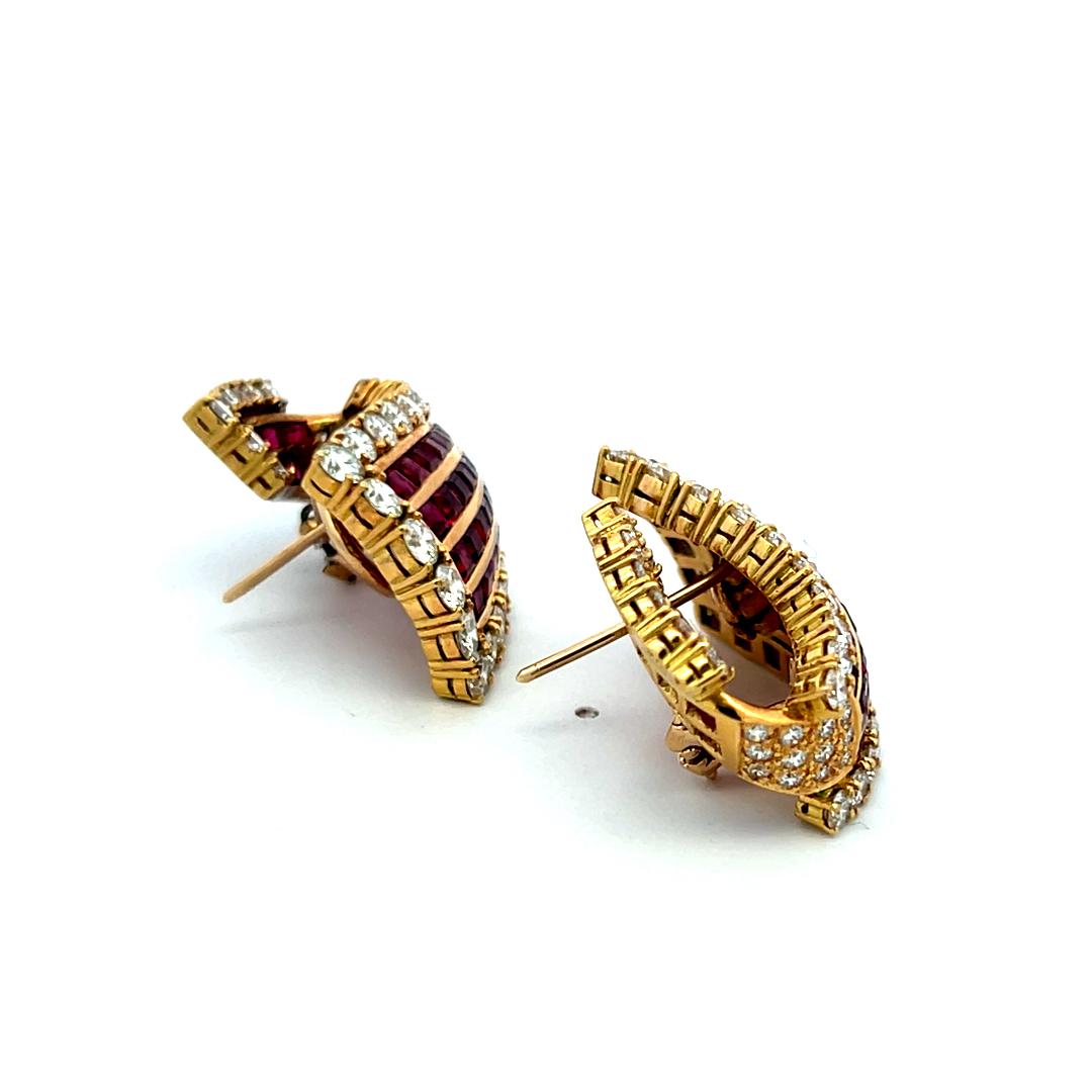 18K Yellow Gold 6.85ct Diamond & 5.78ct Ruby Princess Cut Clip-On Earrings