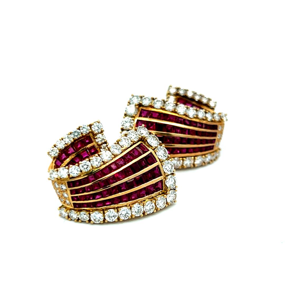 18K Yellow Gold 6.85ct Diamond & 5.78ct Ruby Princess Cut Clip-On Earrings