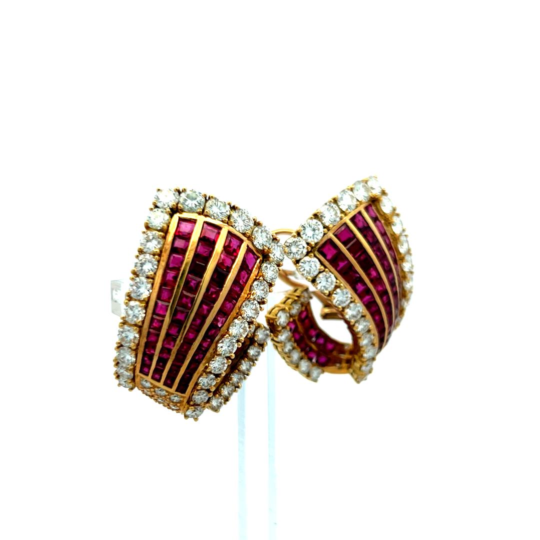 18K Yellow Gold 6.85ct Diamond & 5.78ct Ruby Princess Cut Clip-On Earrings