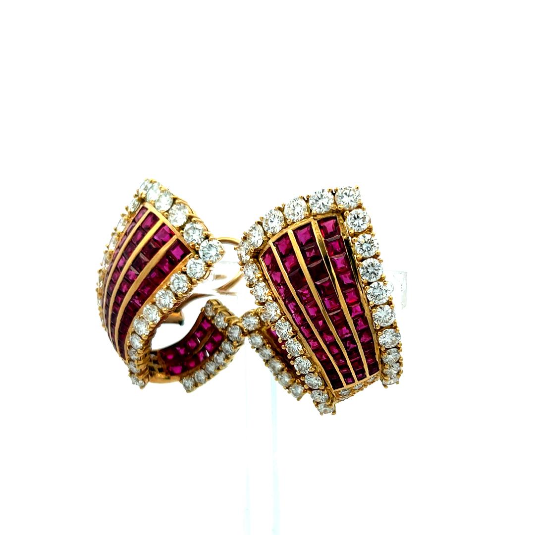 18K Yellow Gold 6.85ct Diamond & 5.78ct Ruby Princess Cut Clip-On Earrings