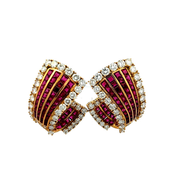 18K Yellow Gold 6.85ct Diamond & 5.78ct Ruby Princess Cut Clip-On Earrings