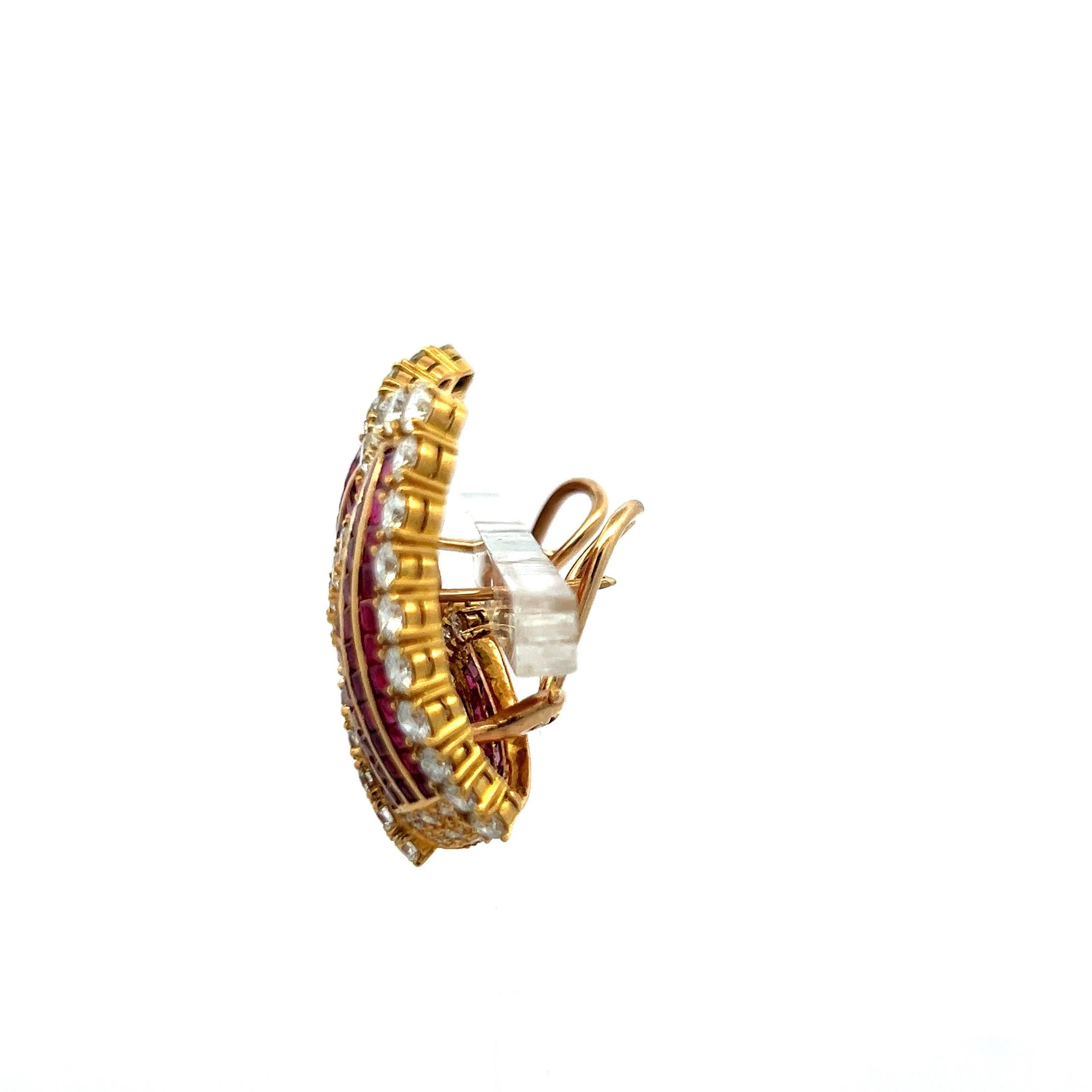 Vintage 18K Yellow Gold Clip-On Earrings with 6.85ct Round Diamond & 5.78ct Ruby